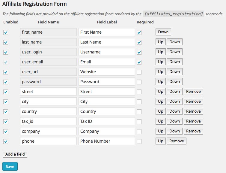 Affiliate Registration Form Fields Example