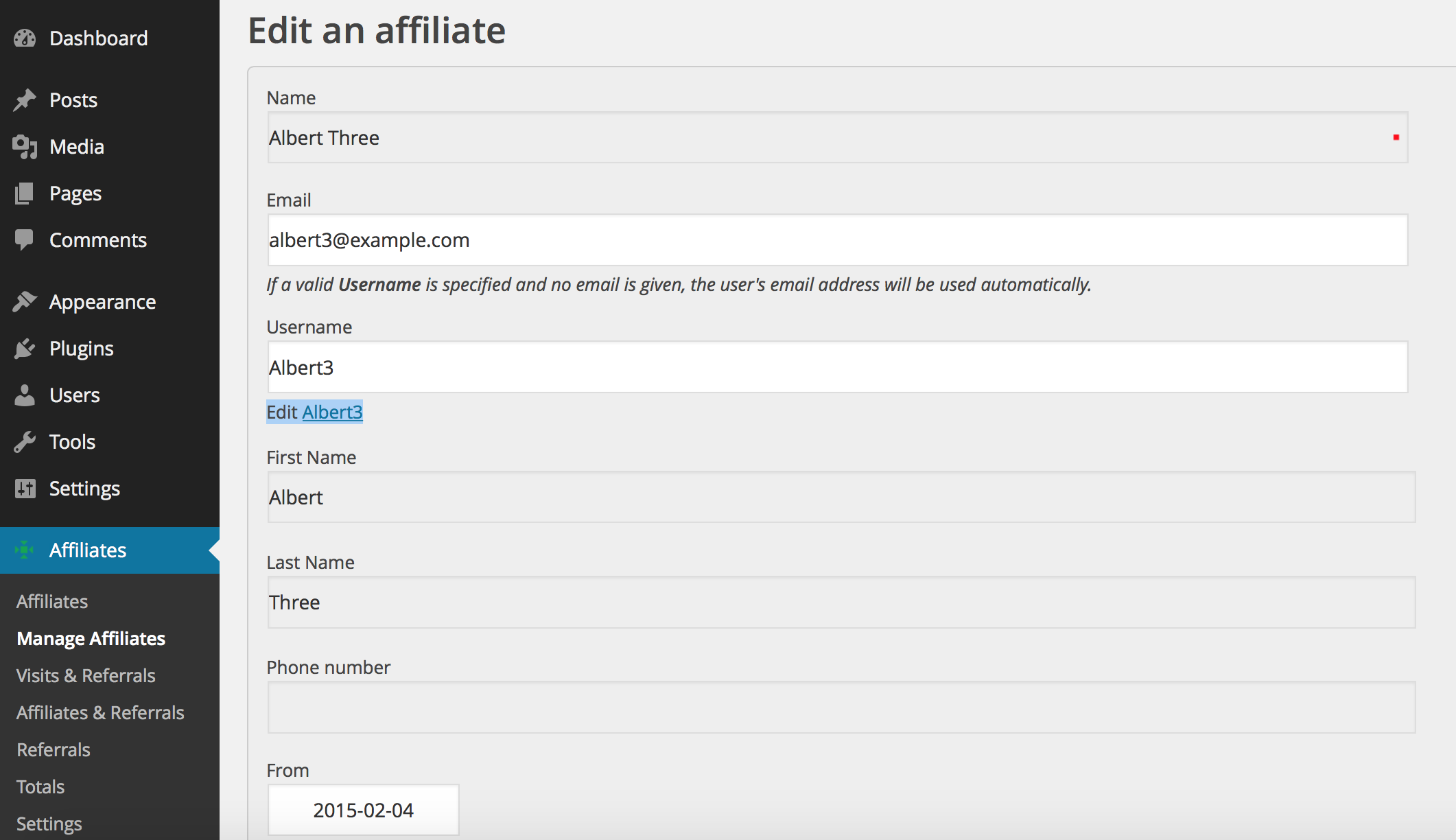 Edit an Affiliate 