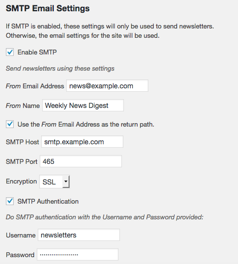 Example SMTP settings