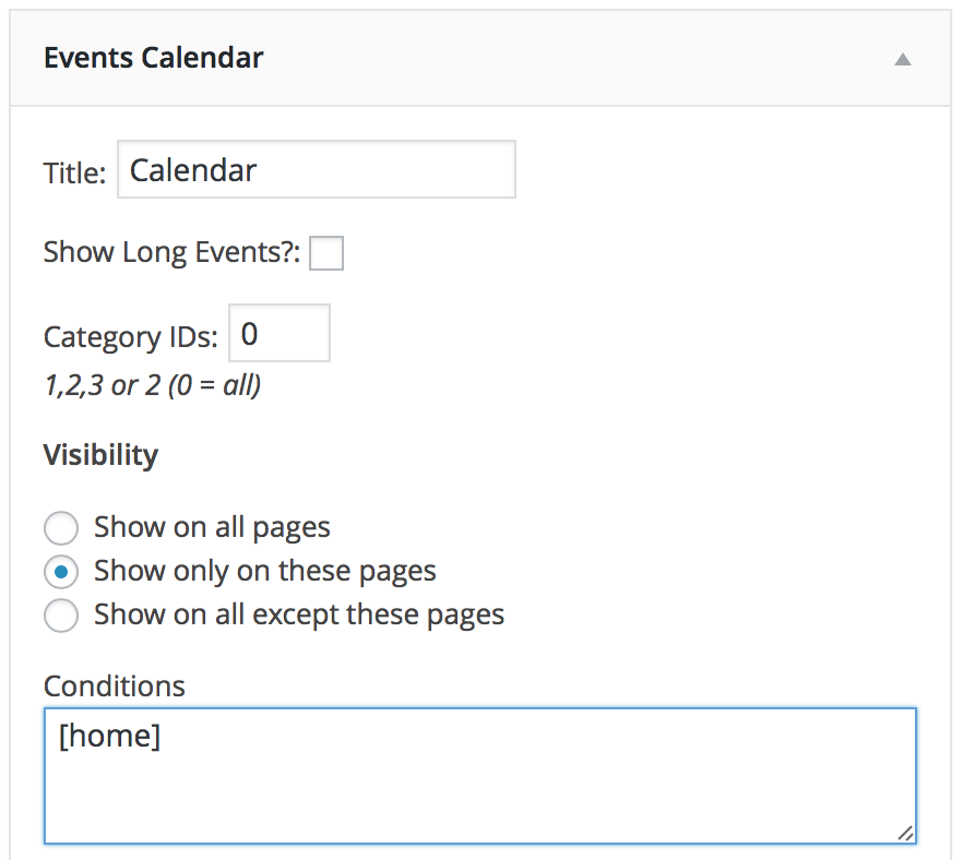 events manager calendar widget on home