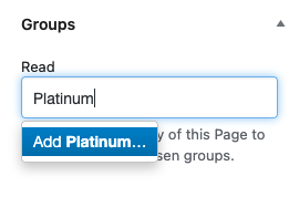 The Groups box showing access to the page is restricted to members of a new group, a group named Platinum which is being created.