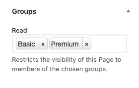 The Groups box showing access to the page is restricted to members of two groups, the groups named Basic and Premium.