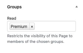 The Groups box showing access to the page is restricted to members of one group, a group named Premium.