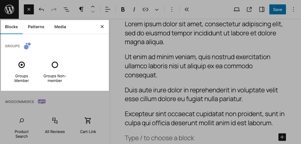 The membership blocks that the Groups plugin provides are shown in the WordPress block browser.